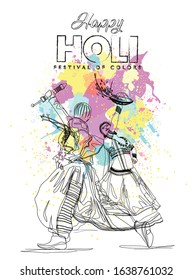 happy holi background with traditional Indian couple vector illustration 