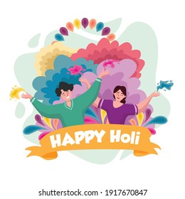 Happy holi background with traditional Indian couple vector illustration 