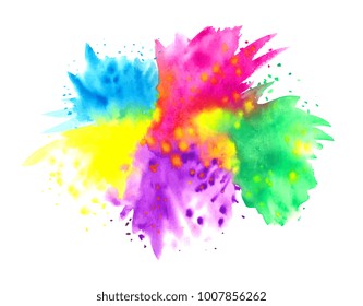 Happy Holi banner. Border frame card. Indian festival concept. Watercolor painting. Vector hand drawn artwork. Blue, pink, purple, green, orange, yellow, violet colors. Gulal, powder, dust, pigment