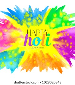 Happy Holi banner. Border frame card. Indian festival concept. Watercolor painting. Vector hand drawn artwork. Blue, pink, purple, green, orange, yellow, violet colors. Gulal, powder, dust, pigment