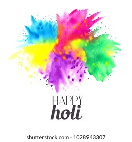 Happy Holi banner. Border frame card. Indian festival concept. Watercolor painting. Vector hand drawn artwork. Blue, pink, purple, green, orange, yellow, violet colors. Gulal, powder, dust, pigment