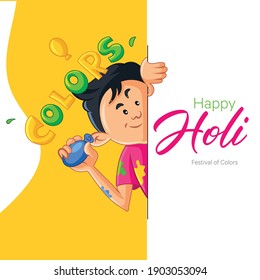 Happy Holi banner design. Indian Boy is secretly throwing color balloons. Vector cartoon illustration.