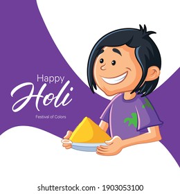 Happy Holi banner design. Indian boy is holding the color plate in hand. Vector cartoon illustration.