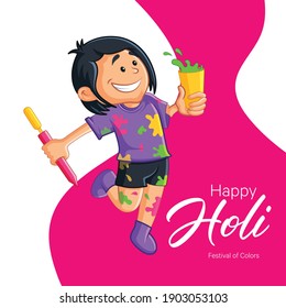 Happy holi banner design. Indian boy with holi colors and pichkari. Vector cartoon illustration.	