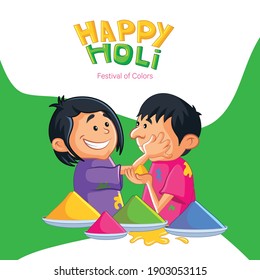 Happy Holi banner design. Indian boys are playing Holi. Vector cartoon illustration.