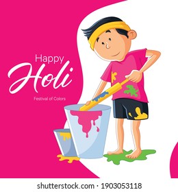 Happy Holi banner design. Indian Boy is filling the pichkari with the color bucket. Vector cartoon illustration.	

