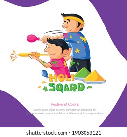 Happy Holi banner design. Indian boys are playing Holi. Lettering text Holi sqard. Vector cartoon illustration.	
