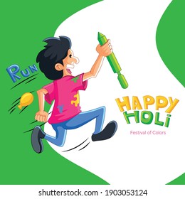 Happy Holi banner design. Indian boy is running and holding pichkari in hand. Vector cartoon illustration.	
