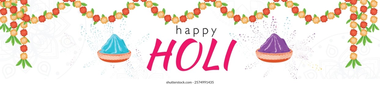 Happy Holi banner featuring marigold flowers, vibrant powder in bowls, and festive Indian mandala design