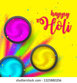 Happy HOLI banner flat lay. Powder cream on yellow background. Festival lettering with Gulaal Explosion splashes. Hindu, Dhulandi, Rangpanchami card. Launched dust, liquid, fluid. Vector illustration