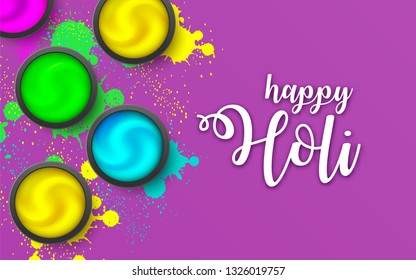 Happy HOLI banner flat lay. Powder cream on purple background. Festival lettering with Gulaal Explosion splashes. Hindu, Dhulandi, Rangpanchami card. Launched dust, liquid, fluid. Vector illustration