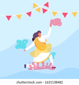 happy holi. Beautiful greeting card. illustration of people were celebrating the Holi festival or party. Can be used for banner templates, decoration elements, posters, calendars, and invitations