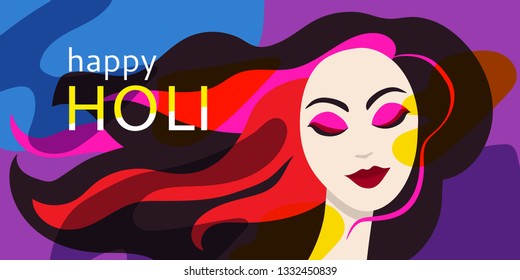 Happy Holi. Beautiful happy woman with colorful hair taking part in traditional Indian Festival of Colours. Illustration with color spots. Vector.