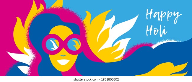 Happy Holi. Beautiful happy woman with colorful hair taking part in traditional Indian Festival of Colours. Illustration with color spots. Summer bich party. Vector banner template. Sunglasses.