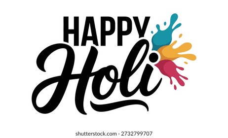 Happy Holi Bold Typografie Design mit Farbspritzer Elemente einzeln auf weißem Hintergrund für indische Hindu-Festival-Feier und festliche Grußbenutzung