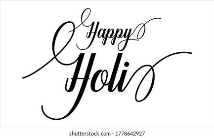 Happy Holi Calligraphy script retro Tipografía Grabación de texto negro y frase aislada en el fondo blanco 
