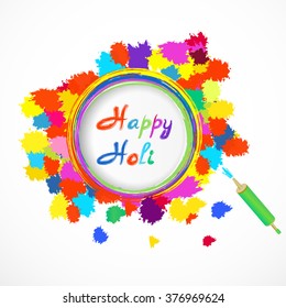 happy holi  card with color splashes and pichkari . Vector illustration.