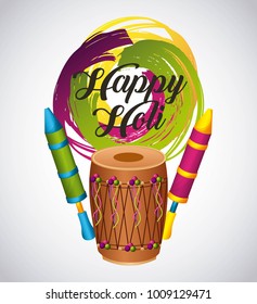 happy holi card with instrument dholak traditional indian