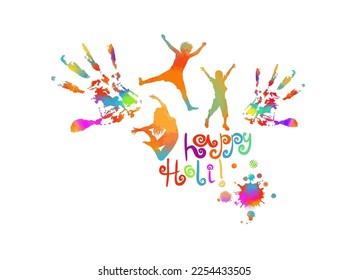 Happy Holi card with kid and blots. Spotted silhouette in iridescent tones on white background. Vector illustration