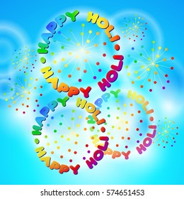 Happy Holi card. Vector abstract banner with rainbow words and round decorative elements on blue background.