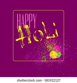 Happy Holi  card. Vector abstract banner with hand drawn words and color spray, dust on violet background.