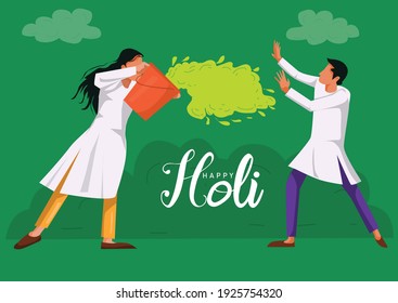 happy Holi. Cartoon Young girl and boy Playing Holi On White costume . vector illustration design