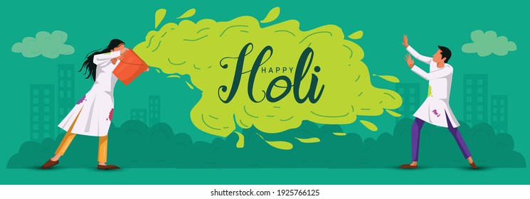 happy Holi. Cartoon Young girl and boy Playing Holi On White costume . vector illustration design