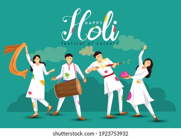 Happy Holi. Cartoon Young People Playing Holi On White Costume . Vector Illustration Design