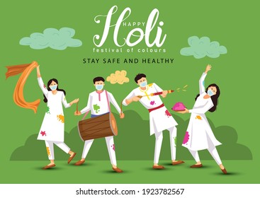 happy Holi. Cartoon Young people Playing Holi On White costume . vector illustration design. covid-19 corona virus concept