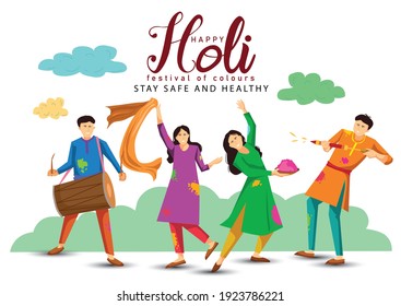 happy Holi. Cartoon Young people Playing Holi On colorful costume . vector illustration design