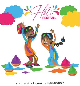 happy Holi. Cartoon Young peoples