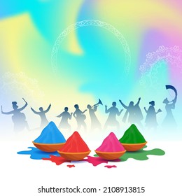 Happy Holi Celebration Background With Bowls Full Of Dry Color (Powder) And Silhouette People Enjoying.