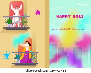 Happy Holi Celebration Background With Indian People Playing Colors On Their Balconies Or Roof.