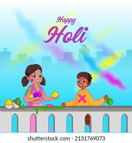 Happy Holi Celebration Background With Indian Kids Playing From Color Or Water Balloons At Roof Illustration.