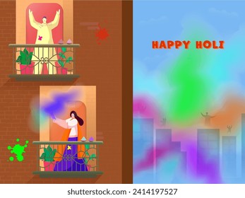 Happy Holi Celebration Background with Indian People Playing from Colors on Their Balconies or Roof. Can Be Used as Poster or Greeting Card.