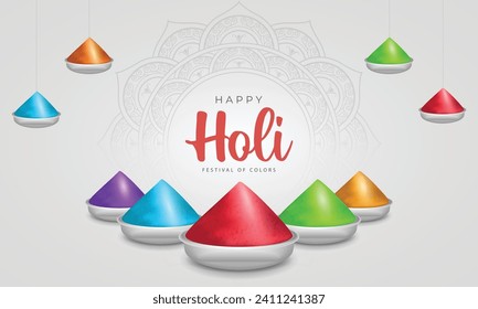 Happy Holi Celebration Banner Design. Holi Festival Background with Different Colors and Happy Holi Text Vector Illustration.