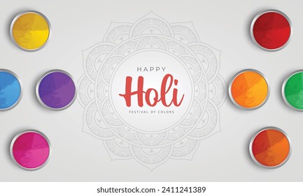 Happy Holi Celebration Banner Design. Holi Festival Background with Different Colors and Happy Holi Text Vector Illustration.