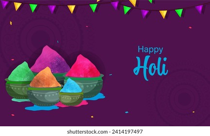 Happy Holi Celebration Banner Design with Clay Pots Full of Dry Colors (Gulal) and Bunting Flags Decorated on Purple Background.