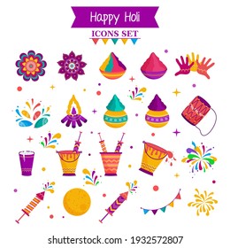 Happy holi celebration colorful icons or doodle set on white background. Banner, header,poster design etc.