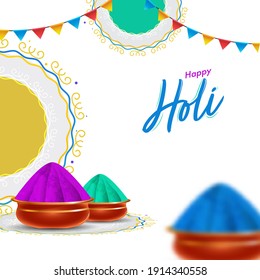 Happy Holi Celebration Concept With Bowls Full Of Powder (Gulal) And Bunting Flags On White Background.