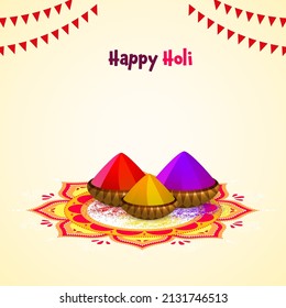 Happy Holi Celebration Concept With Clay Bowls Full Of Color Powder (Gulal) At Rangoli And Bunting Flags On Glossy Pastel Yellow Background.