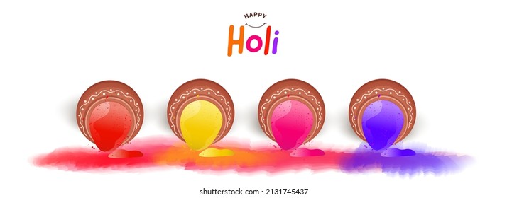 Happy Holi Celebration Concept With Colorful Paint Pouring From Earthen Pots Against White Background.