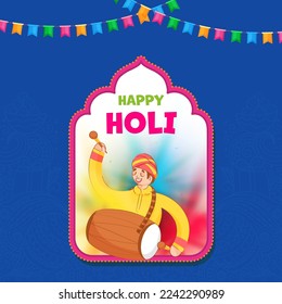 Happy Holi Celebration Concept With Indian Man Playing Dhol And Bunting Flags On Chrome Yellow Paisley Pattern Background.