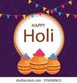 Happy Holi Celebration Concept With Powder (Gulal) In Mud Pots On White And Purple Background.