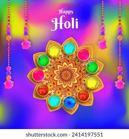 Happy Holi Celebration Concept with Top View of Different Color Powder Bowls on Mandala Colorful Splashing Blur Background Decorated with Toran