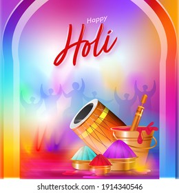 Happy Holi Celebration Gradient Background With Glossy Dhol, Water Gun, Bowls And Bucket Full Of Colors.
