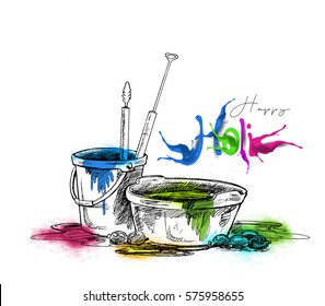 Happy Holi celebrations, Splashy bucket with pichkari, vector illustration.