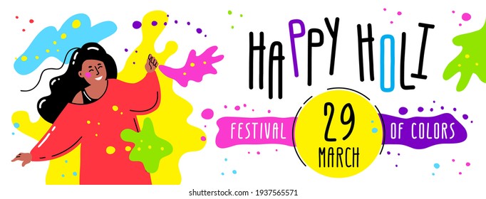 Happy Holi Color Festival! A beautiful Indian woman is throwing paints and doused with colored water.
A scruffy and happy face.
Banner for the festival of colors Holi.
Holi holiday poster.
