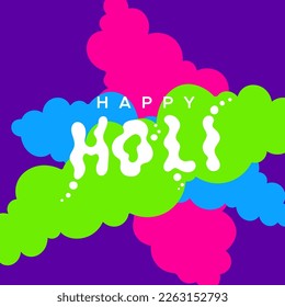 Happy Holi. Color stain lettering. Vibrant colored clouds. Vector illustration, flat design