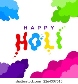 Happy Holi. Color stain lettering. Vibrant colored clouds. Vector illustration, flat design